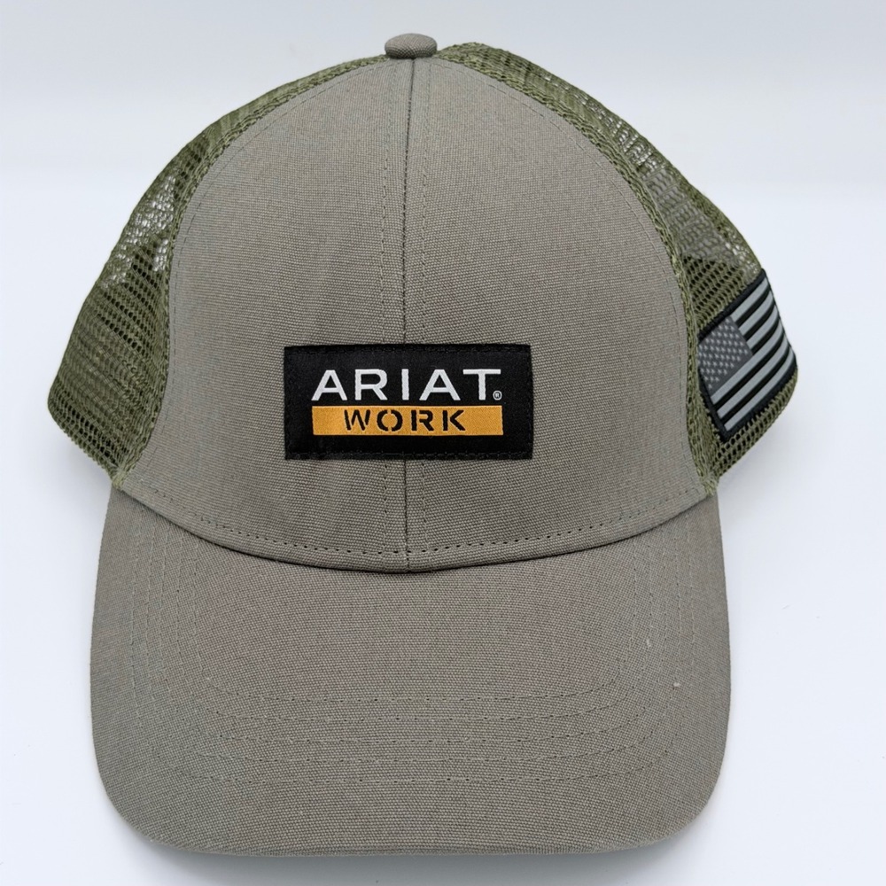 Ariat Work Trucker Hat Mens Olive Green USA Flag Mesh Snapback Western Cap